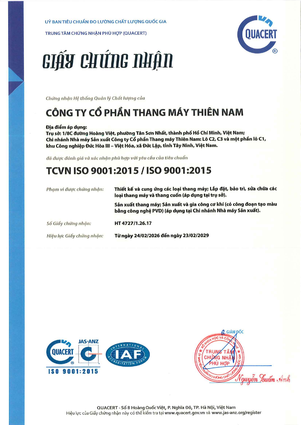 Công ty Cổ phần Thang máy Thiên Nam tiếp tục được QUACERT cấp Giấy chứng nhận ISO 9001:2015