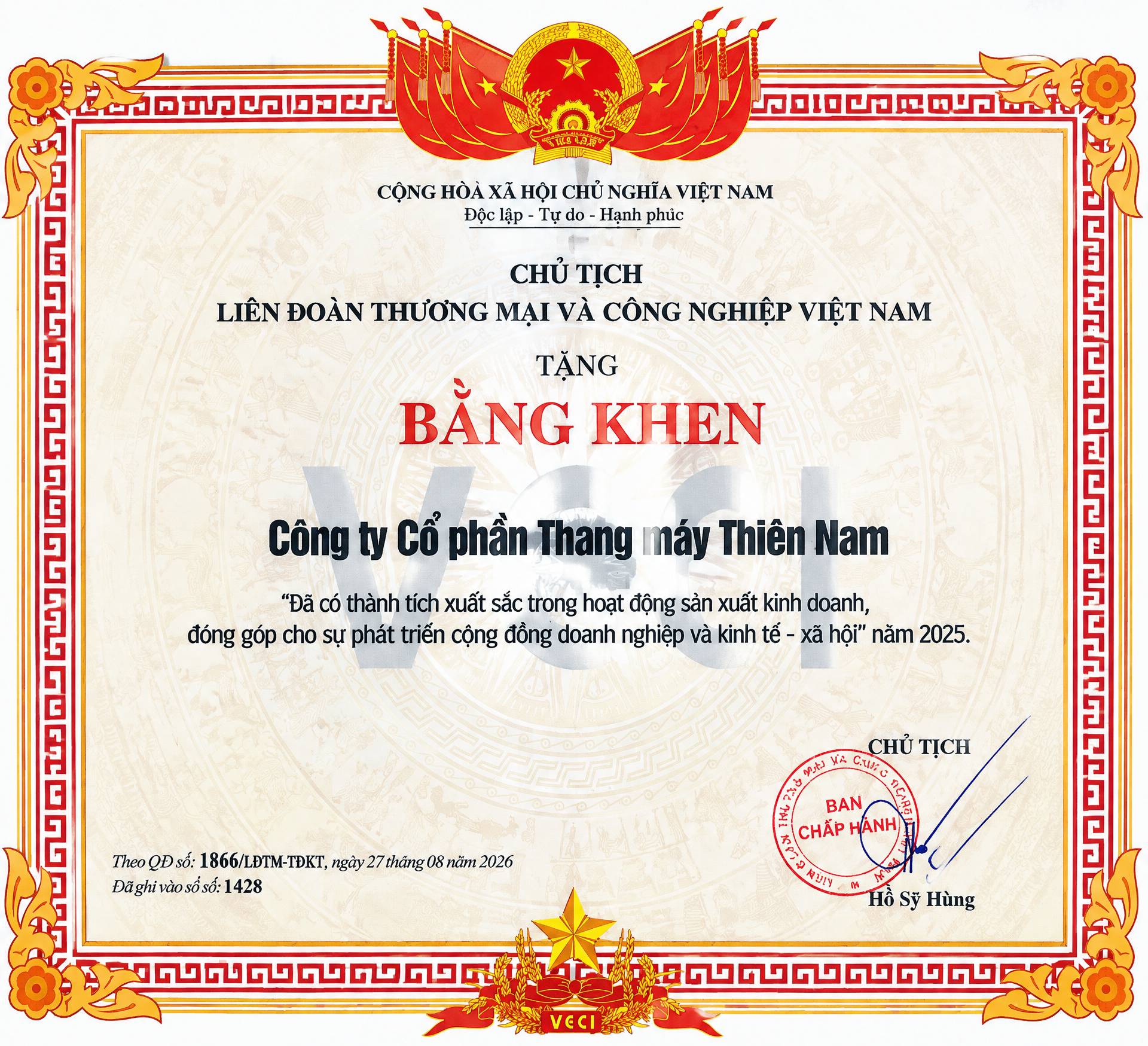Thang máy Thiên Nam nhận bằng khen của VCCI